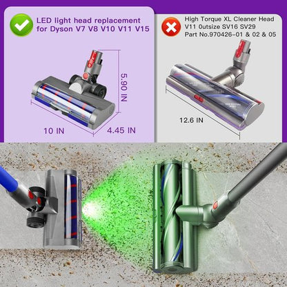 Lemige LED Green Light Head for Dyson V7 V8 V10 V11 V15 | Quick Release, Anti-Tangle Brush Roller for All Floors