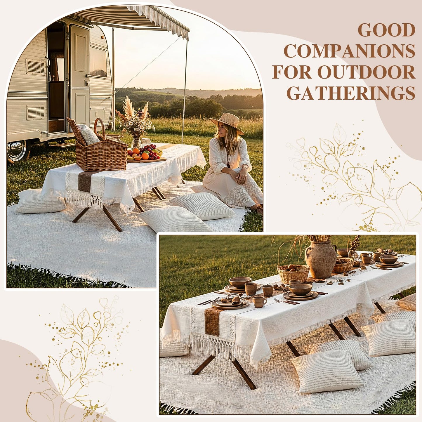 Novabright 20 Pcs Boho Picnic Kit Folding Picnic Table 59'' x 20.5'' Extra Large Outdoor Boho Blanket 91'' x 71'' Beige White Table Runner 12 Pillow Cover Woven Cotton Oversize Washable for Wedding