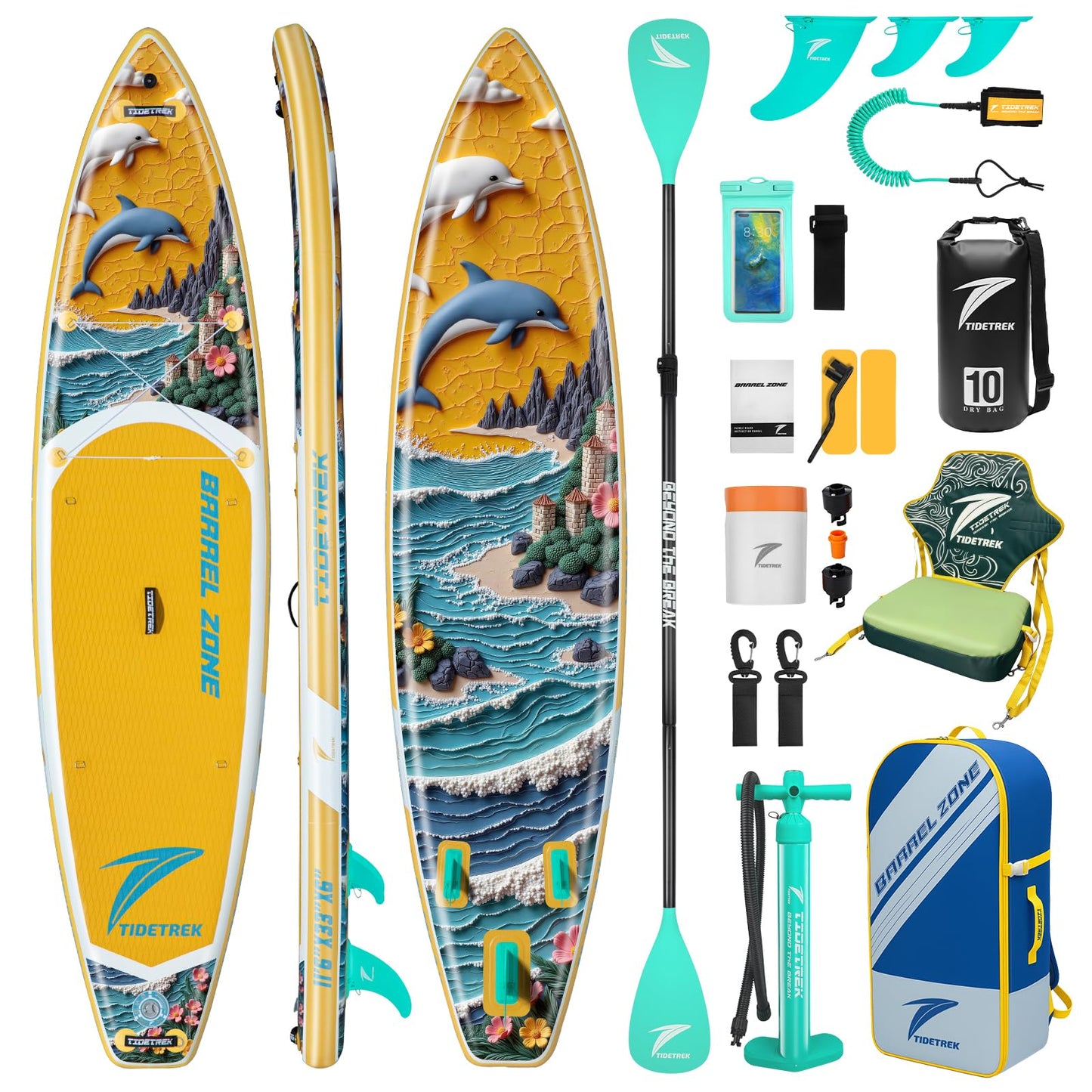 TIDETREK 11'/11'6" x 33"/34" x 6" Inflatable SUP Paddle Board – Extra-Wide, Stable Stand Up Paddle Board with Premium Full Accessory Set for Adults & Youth (Sunny Wave/Kayak Seat, 11'6"x33"x6")