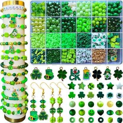1870PCS St. Patrick’s Day Beads for Bracelet Jewelry Making Kit, Green Polymer Clay Beads Assorted Acrylic Pearl Bead Irish Shamrock Beads Leaf Clover Beads Charms for Necklace Earring DIY Craft Gifts