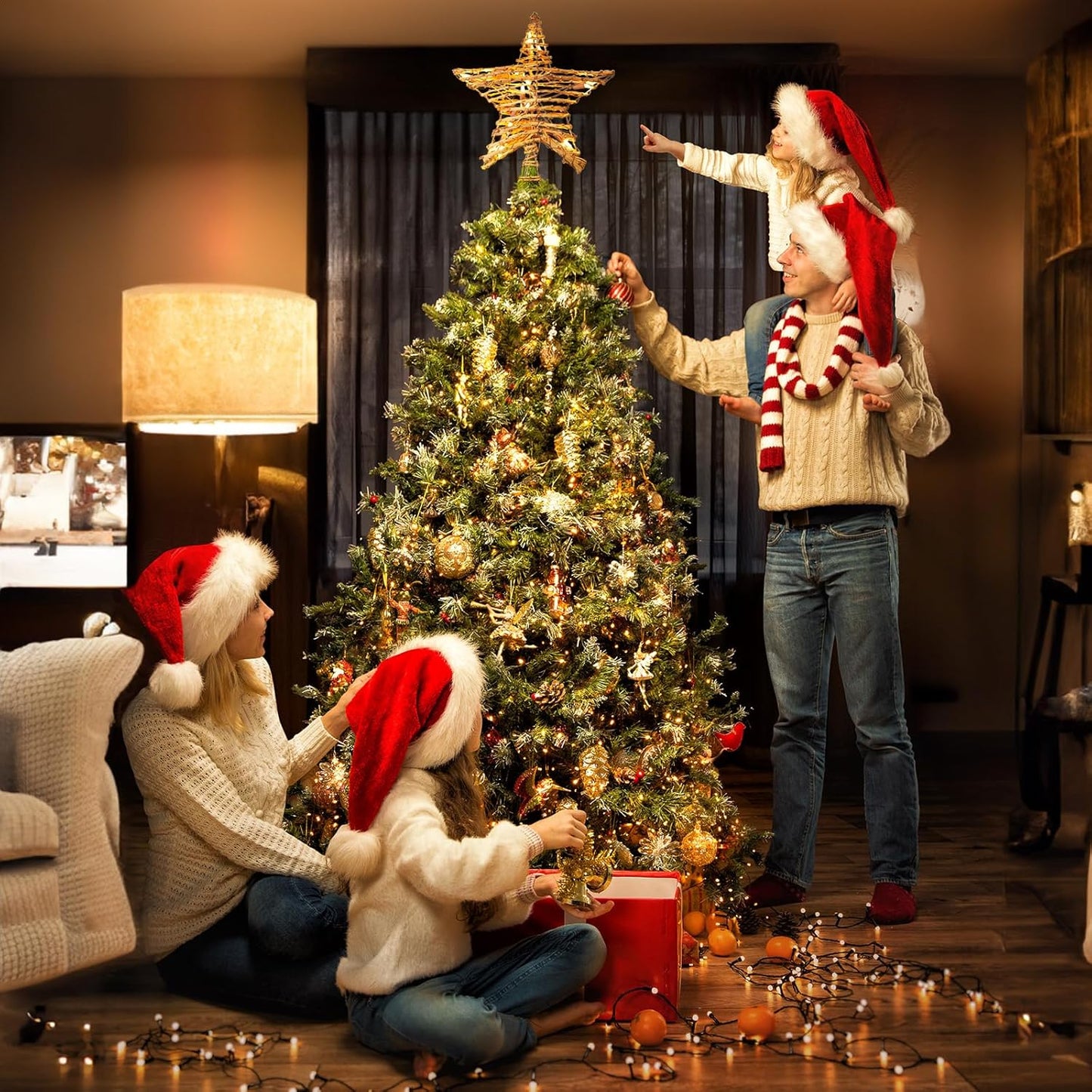 Rattan 3D Star Tree Topper, 12" Rustic Rattan Star with Built-in 10-Bulb String Lights for Christmas Decoration