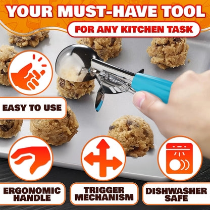 Cookie Scoop Set - Ice Cream Scoop with Trigger - Cookie Scoops for Baking Set of 3#16 (2.7 oz), #20 (2 oz), #30 (1.25 oz), Stainless Steel Versatile Tool, Portion Control for Cookies and Treats Prep
