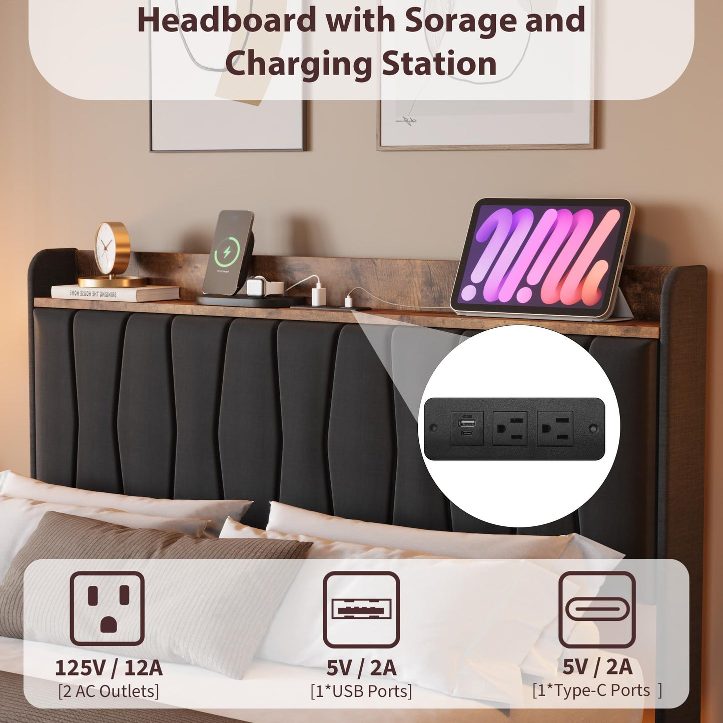 GAOMON Floating King Size Bed Frame with Upholstered Storage Headboard, Platform Bed Frame with LED Lights & Charging Station, Wood Slats Support, No Box Spring Needed, Black