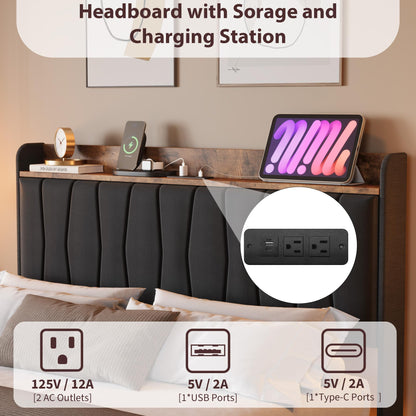 GAOMON Floating King Size Bed Frame with Upholstered Storage Headboard, Platform Bed Frame with LED Lights & Charging Station, Wood Slats Support, No Box Spring Needed, Black