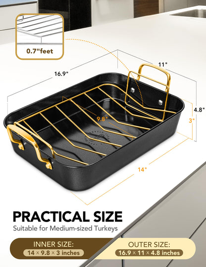 MICHELANGELO Roasting Pan with Rack, Carbon Steel Turkey Roasting Pan for Oven and Induction, Nonstick Turkey Roaster Pan with Stainless Steel Golden Rack & Golden Handle, 15 Inch x 11 Inch