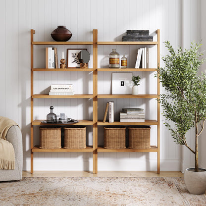 Nathan James Beacon Bohemian 5 Tier Bookshelf, Wall Mounted Bookcase, Solid Wood Bookshelf in Warm Pine, Set of 2