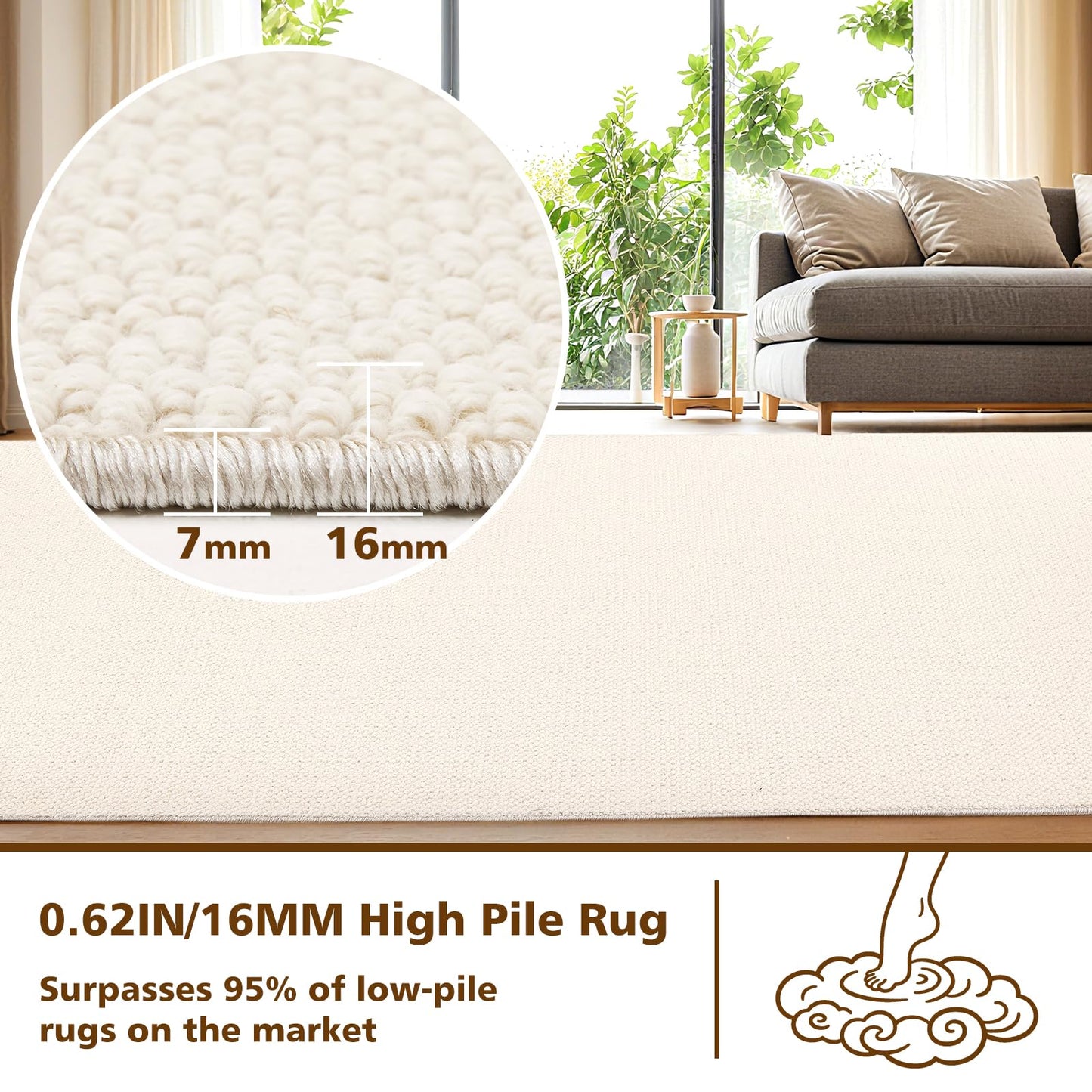 ANSSO Wool Rugs 8x10 for Living Room,80% Merino Wool and 20% Cotton Soft Tufted Area Rug with Cotton Non-Slip Backing,Large Area Rug for Bedroom Bedroom, Dining and Home Office (Cream White)