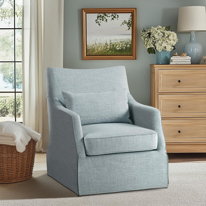 Martha Stewart London Swivel Chair - Solid Wood & Plywood, Skirted Metal Base Accent Armchair, Lumbar Pillow -Modern Classic Family Room Sofa Furniture Bedroom Lounge, 28"X31.5"X35.25", Light Blue