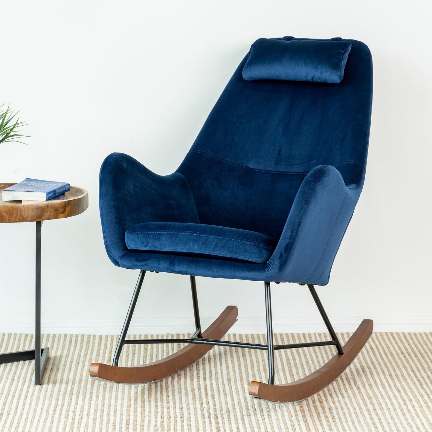 GDFStudio 27.5" Mid-Century Modern Velvet Indoor Rocking Chair, Upholstered Comfy Accent Chair with Solid Legs, High Backrest Armchair Gliders Nursery Rocking Chairs for Living Room Bedroom, Blue