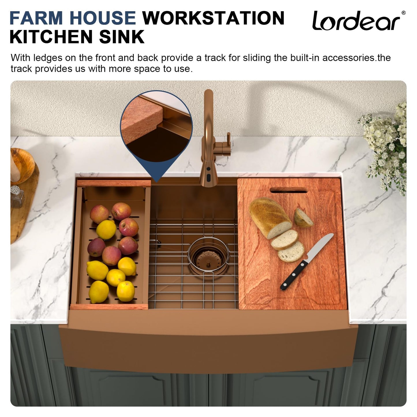 Lordear 33x21Inch Rose Gold Farmhouse Kitchen Sink Workstation SUS304 16-Gauge Stainless Steel Farmhouse Sink Apron Fron Farm Style Undermount Sinks, 33"x21"x10"