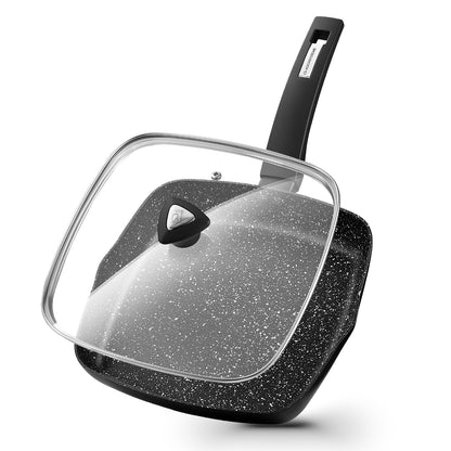 KOCH SYSTEME CS Nonstick Grill Pan 11 Inch, Marble Coating Square Grill Pan with Lid, Ultimate Nonstick Square Skillet with Bakelite Handle, Compatible with All Stovetops, Toxic-Free, 11 Inch
