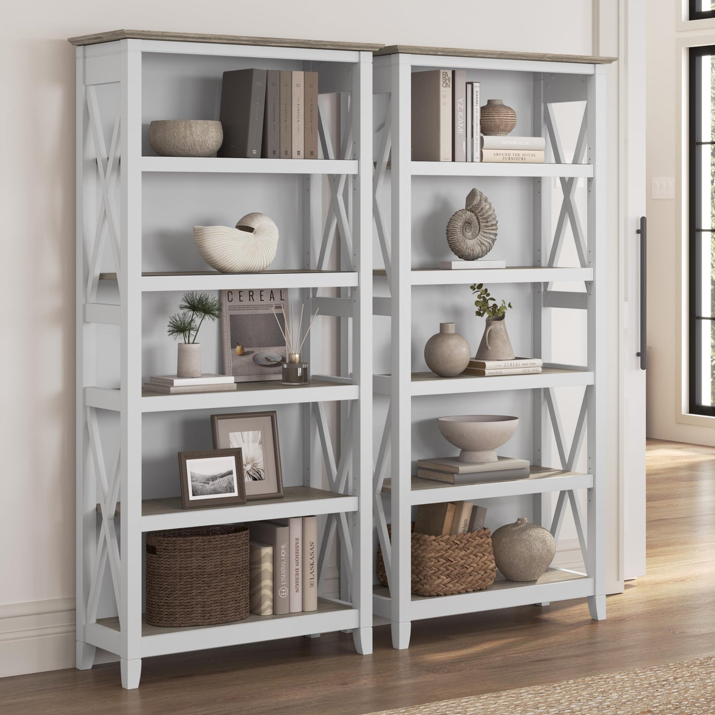 Bush Home Key West 5 Shelf Bookcase - Set of 2 | Tall Bookshelves in Pure White and Shiplap Gray | Sturdy Display Shelves for Library, Living Room, and Home Office