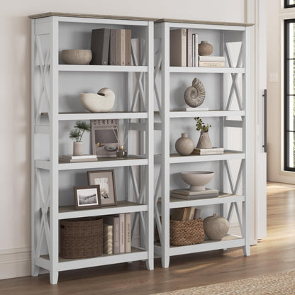 Bush Home Key West 5 Shelf Bookcase - Set of 2 | Tall Bookshelves in Pure White and Shiplap Gray | Sturdy Display Shelves for Library, Living Room, and Home Office