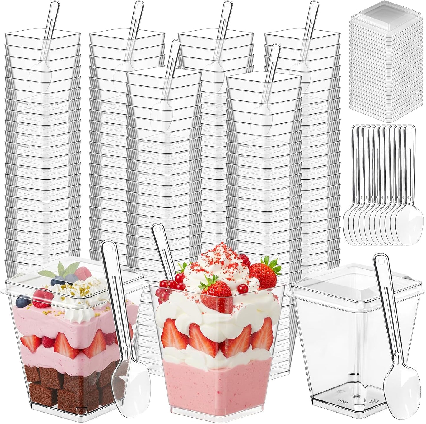 200 5 oz Pcs Clear Plastic Dessert Cups with Lids & Spoons, Reusable Parfait & Appetizer Cups, Mini Dessert Shooters