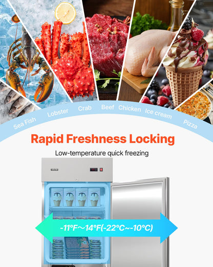 VEVOR Commercial Reach-In Freezer 29" W, 22 Cu.Ft Stainless Steel Upright Freezer with Single Door, Auto-Defrost, 4 Adjustable Shelves, -11 to 14℉ Temp Control, LED Light, ETL Certified