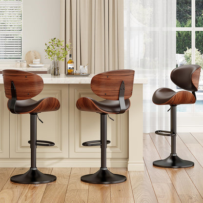 YaFiti Bar Stools Set of 3, Bentwood Adjustable Height Swivel Bar Stools, PU Leather Upholstered Bar Chair with Back and Footrest for Bar, Kitchen, Dining Room, Brown