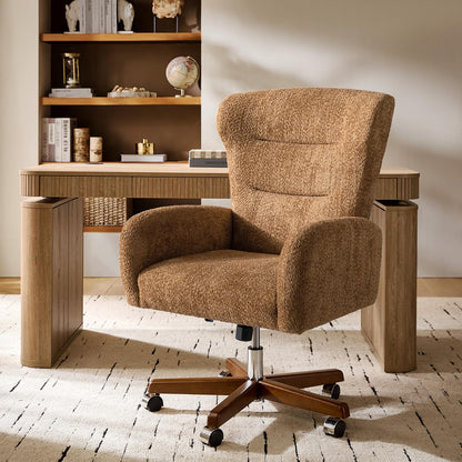 HULALA HOME Executive Office Chair, Ergonomic Wingback Office Chair with Curved Armrests, Soft Chenille Upholstery, Adjustable Height, 360° Swivel & Tilt, Thick Foam Padding, Caramel