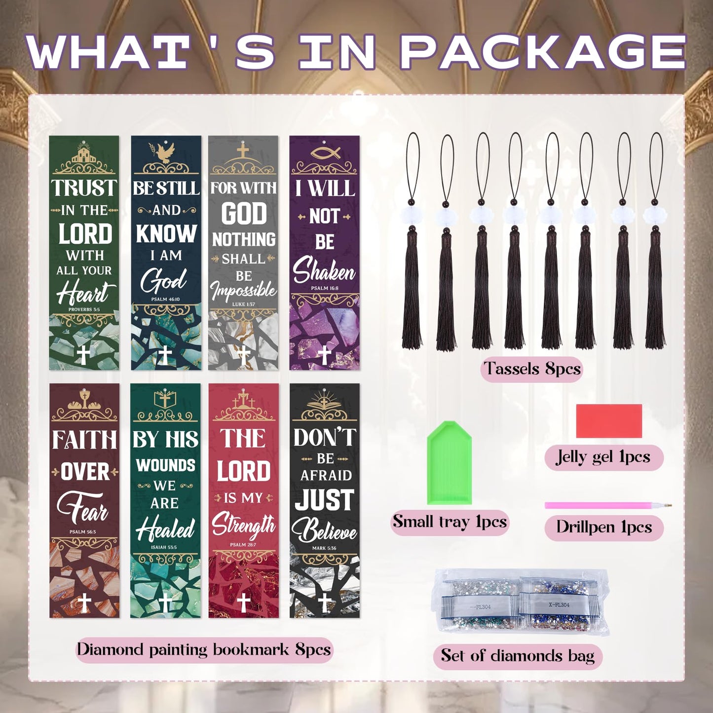 Sitsink Bible Verse Diamond Art Bookmarks - 8 Pcs Christian Book Mark Diamond Art Kits for Adult, DIY Crafts Gift Diamond Painting Bookmark Kit with Tessels
