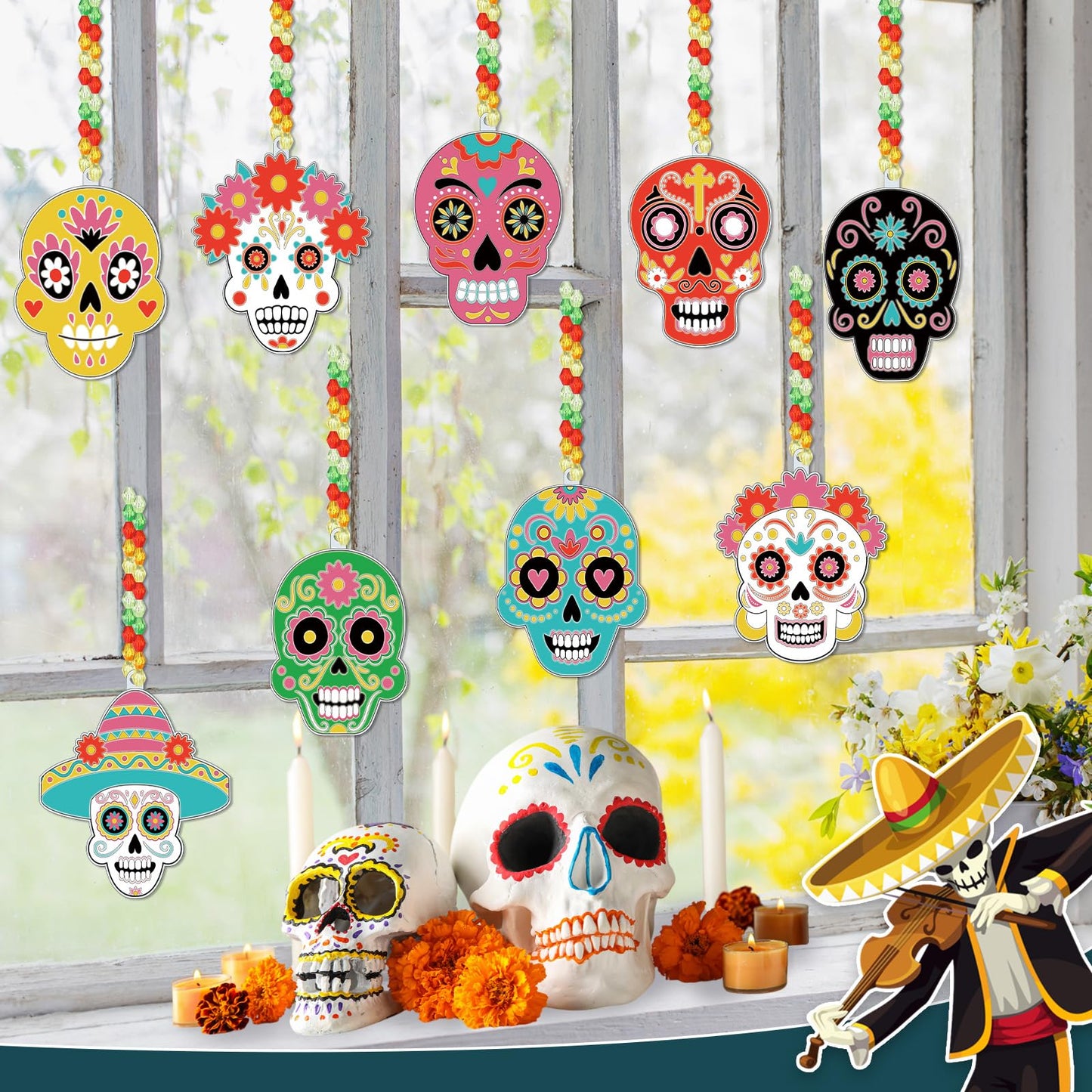 Pasimy 36 Sets Day of The Dead Suncatchers Paint Craft Kits Dia De Los Muertos Window Hanging Ornaments Decorations DIY Paint Your Own Sugar Skull Skeleton Art Project Halloween Party Favors Gifts