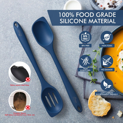 HOTEC 446°F Heat Resistant Silicone Cooking Spoon Spatula, BPA Free Large Kitchen Solid and Slotted Spoons for Mixing, Serving, Scraping, Non-stick, Dishwasher Safe Classic Blue 12.5inch