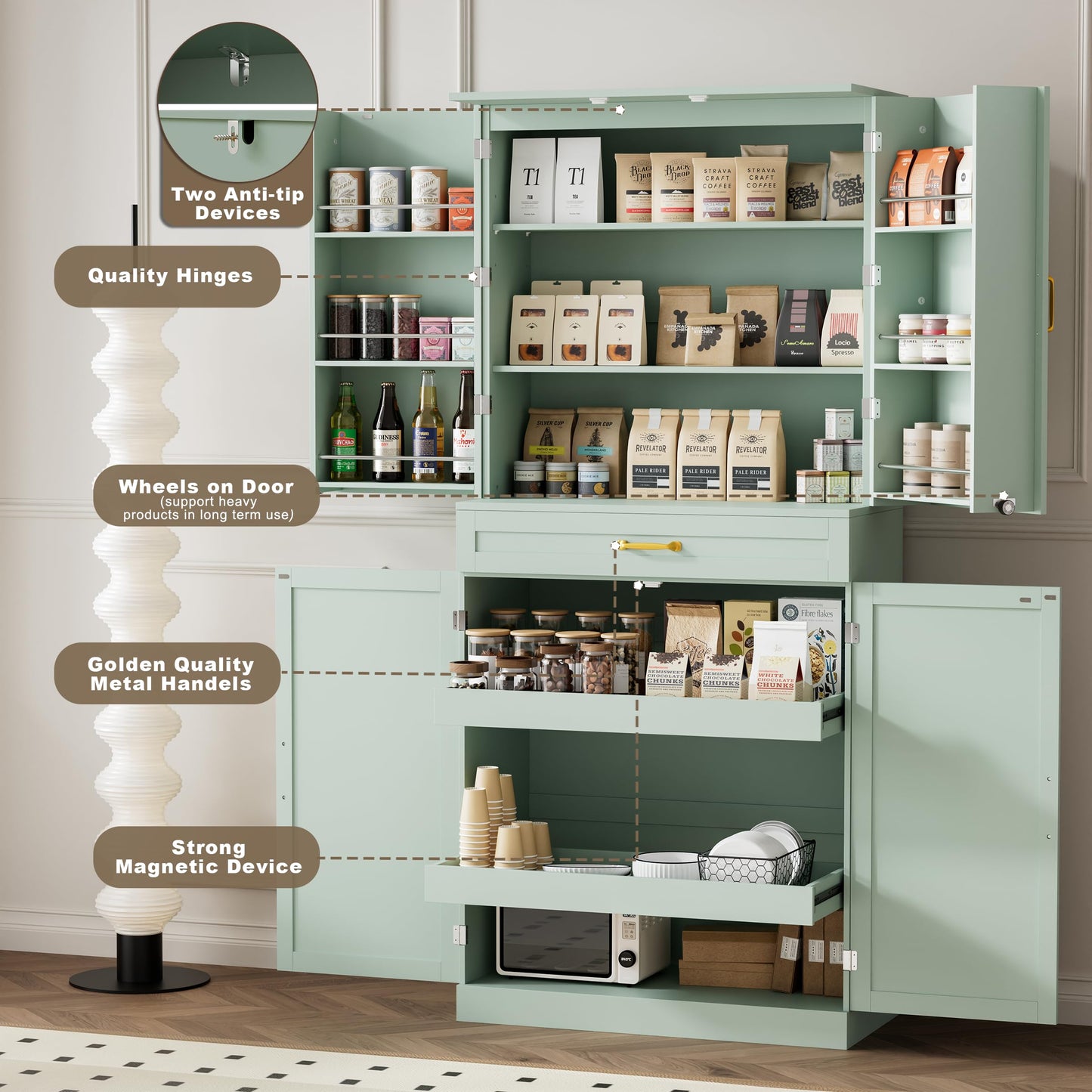 HQZX 71’’ Tall Kitchen Pantry Cabinet, Pantry Storage Cabinet with 6 Doors Shelves, Large Drawer & 2 Pull Out Shelves, Freestanding Cupboard for Kitchen, Dining Room, Green