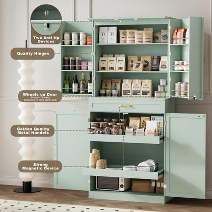 HQZX 71’’ Tall Kitchen Pantry Cabinet, Pantry Storage Cabinet with 6 Doors Shelves, Large Drawer & 2 Pull Out Shelves, Freestanding Cupboard for Kitchen, Dining Room, Green