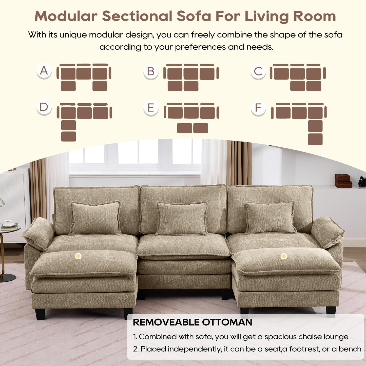 IPKIG 117" Modular Sectional Sofa, Chenille U-Shaped Sectional Couch Comfy Upholstered 3 Seat Sofa with 2 Ottoman, Deep Seat Cloud Couch Sofa for Living Room, Khaki