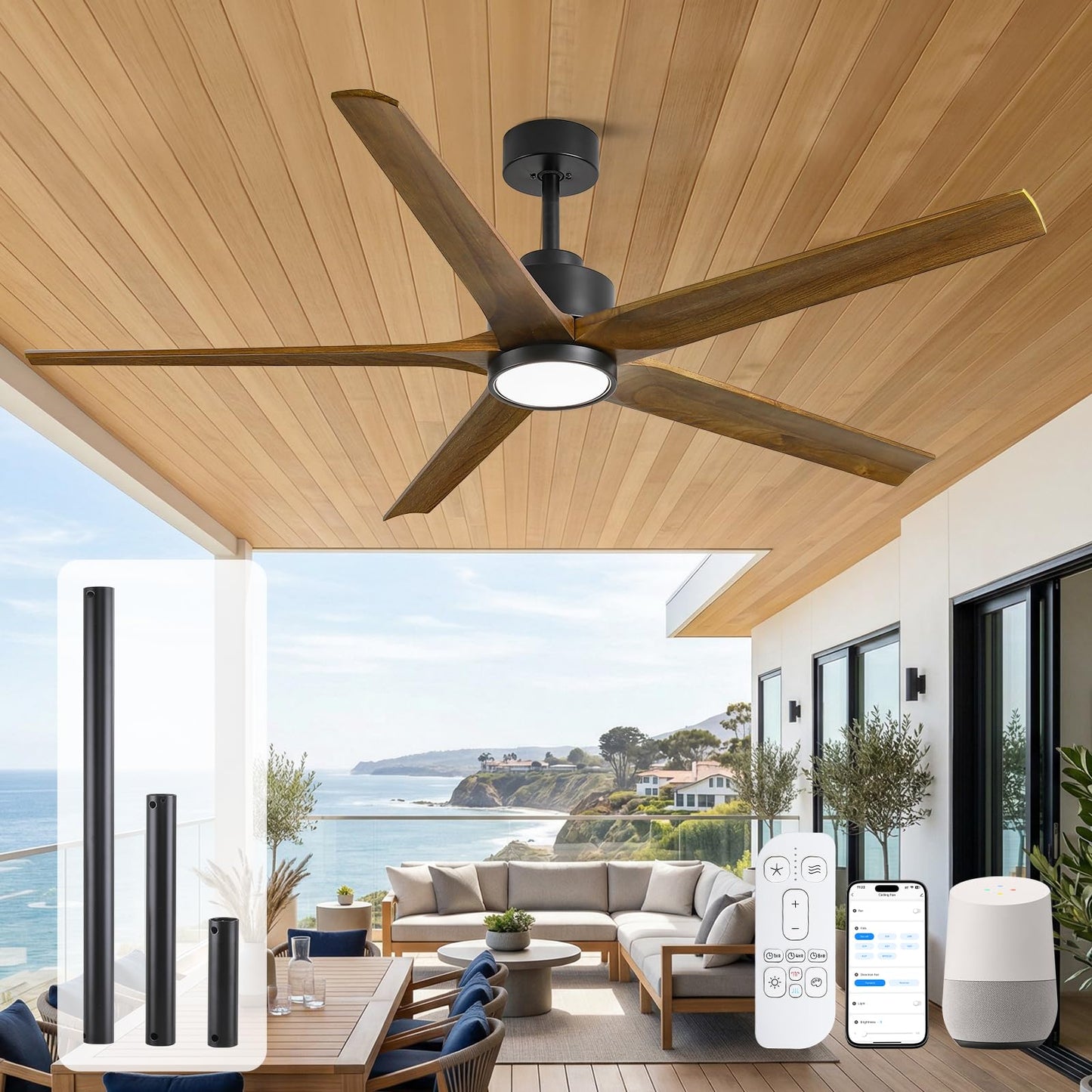 52 Inch Smart Outdoor Ceiling Fan with Light, Alexa/App/Remote Control, 5 Walnut Solid Wood Blades, Modern Farmhouse, Quiet Energy Efficient DC Motor, Damp Rated for Patio Porch Indoor Living Room