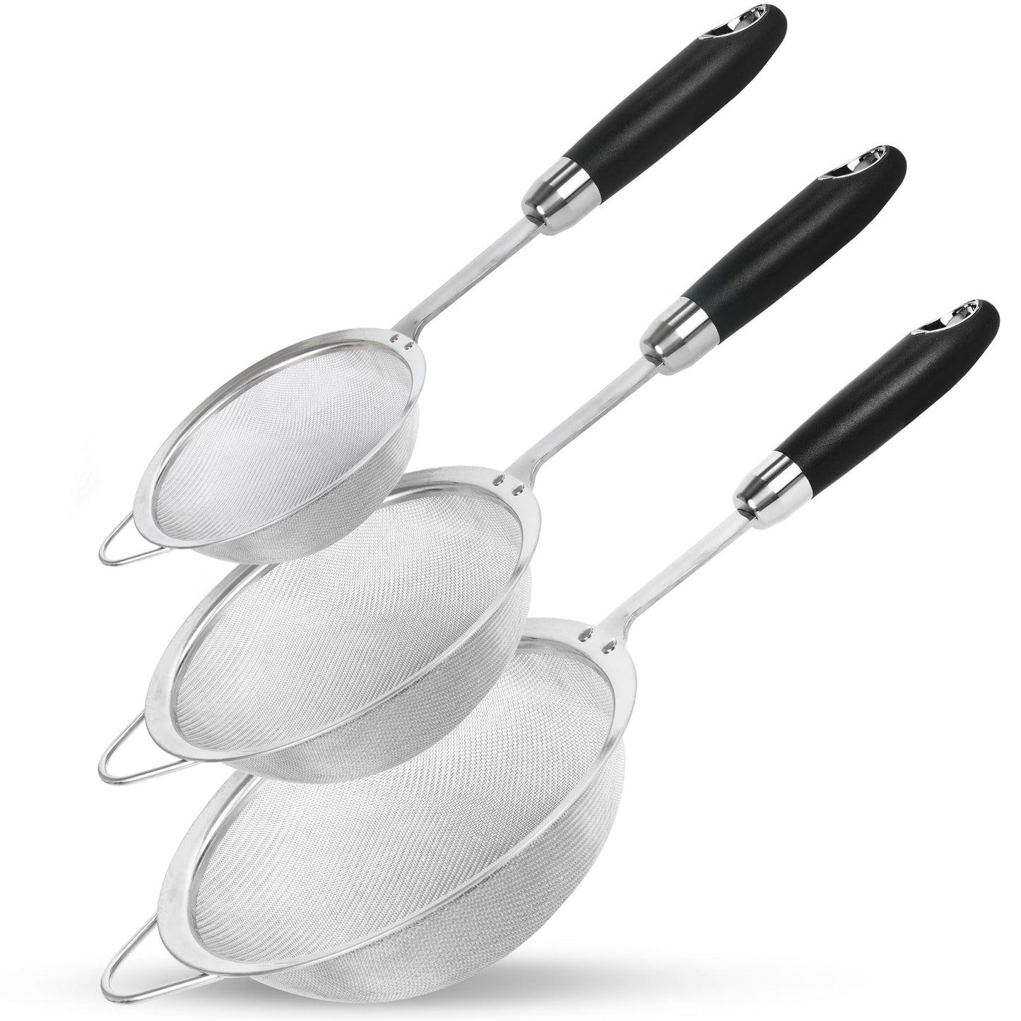 Stainless Steel Fine Mesh Strainer Set (3 Sizes 12/14/18cm, 40 Mesh) – 304 Food Grade, For Pasta, Rice, Flour & Tea – Reinforced Handle, Hook Rest, Heat-Safe Grip, Dishwasher Safe