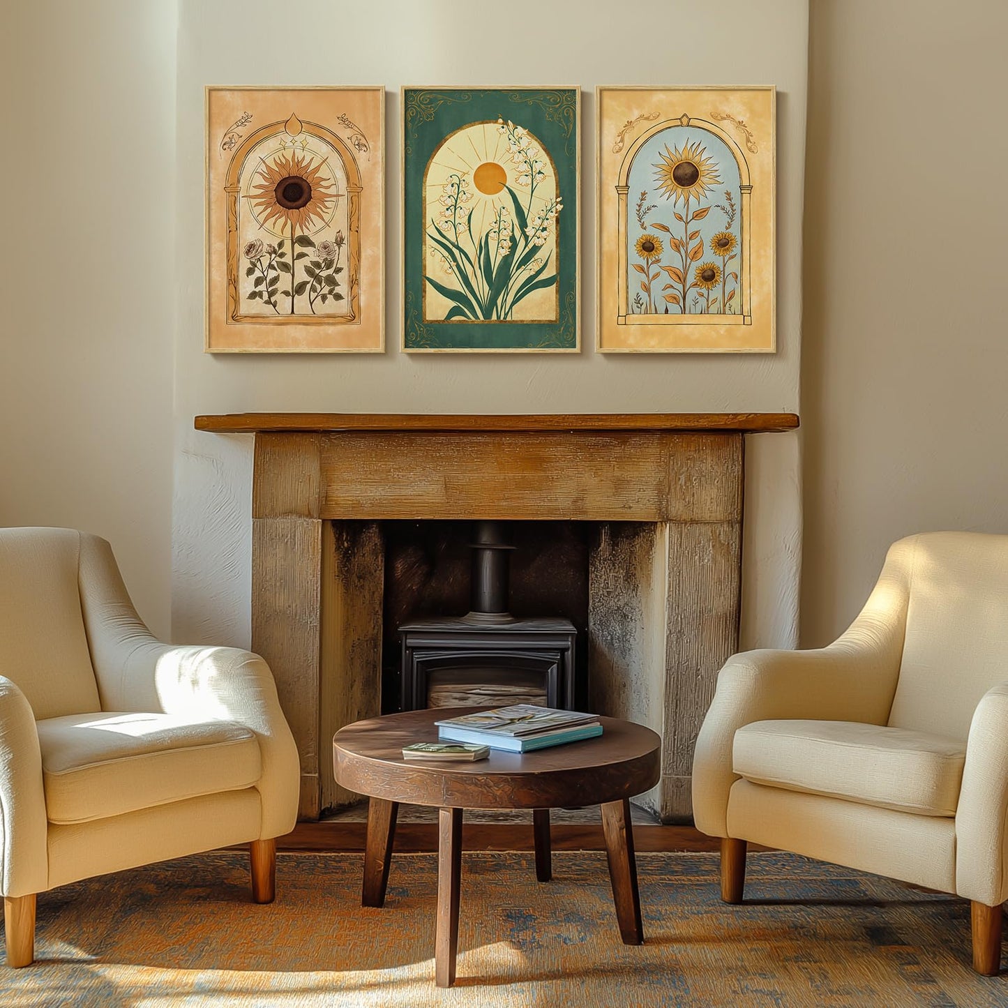 Framed Boho Sage Green Wall Art for Living Room, Large Mid Century Modern Tropical Leaf Canvas Artwork for Walls, 3 Piece Beige Orange Bohemian Wall Art Prints for Bedroom Kitchen Hallway, 16x24 Inch