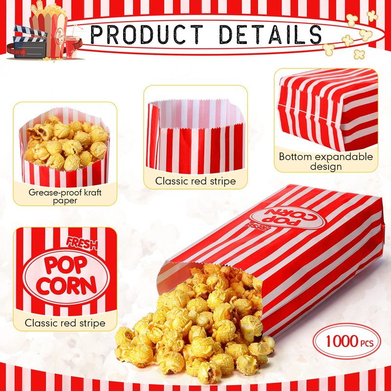 Sherr 1000 Pcs 1oz Popcorn Bags Bulk Red Retro Stripes Disposable Popcorn Bags for Movie Nights Circus Carnival Party Favors Birthday Party Event Supplies Machine Accessories