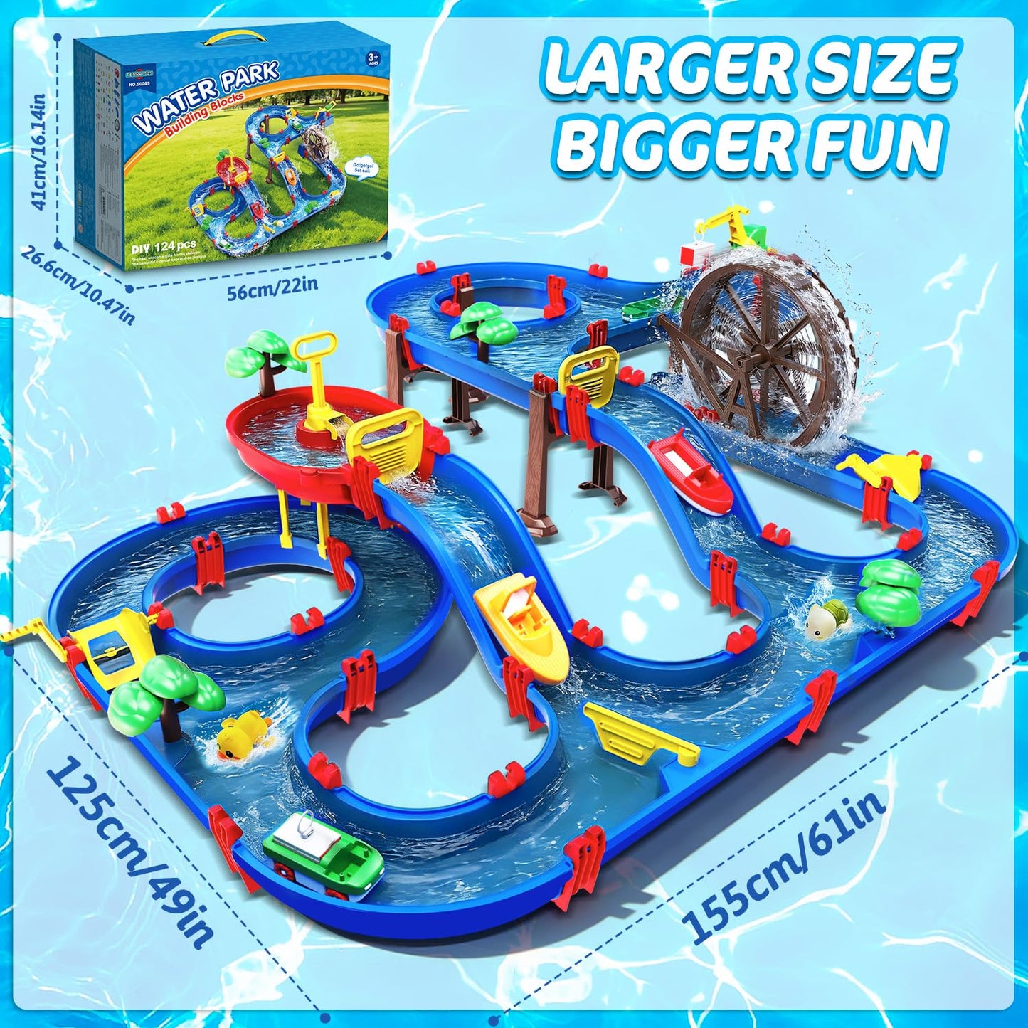 TERRAMUS 2-Tier Kids Watermill Water Table Toys, 124PCS Water Park Playset with Pump, Waterwheel, Summer Outdoor Water Toys Waterways for Backyard,Lawn,Beach,Pool,Gifts for Boys Girls Toddlers 3-5 4-8
