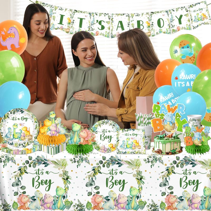 Dinosaur Baby Shower Decorations for Boy, It's a Boy Baby Shower Party Supplies Disposable Dino Plates Napkins Banner Tablecloth Cake Topper Balloon for Dinosaur Birthday Party Decorations, Serve 24