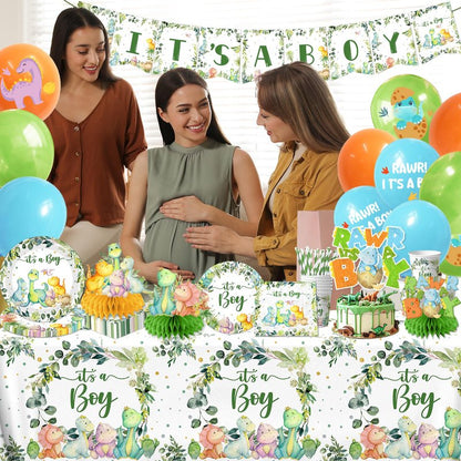 Dinosaur Baby Shower Decorations for Boy, It's a Boy Baby Shower Party Supplies Disposable Dino Plates Napkins Banner Tablecloth Cake Topper Balloon for Dinosaur Birthday Party Decorations, Serve 24