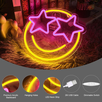 Lightning Eyes Smile Neon Sign – 13"x12.2" LED Wall Light with 5-Level Dimmable Brightness – Fun Room Decor for Bedroom, Dorm, Gaming Room, Bar, Bachelorette, Wedding & Birthday Party (Star Eyes)