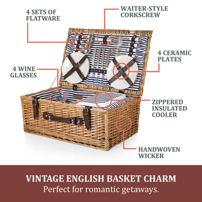 Picnic TME Belmont Picnic Basket for 4, Insulated Wicker Basket Set with Porcelain Plates, Stainless Steel Flatware, Wine Glasses, Cooler, Leatherette Straps, Gift (Navy Blue & White Stripe)