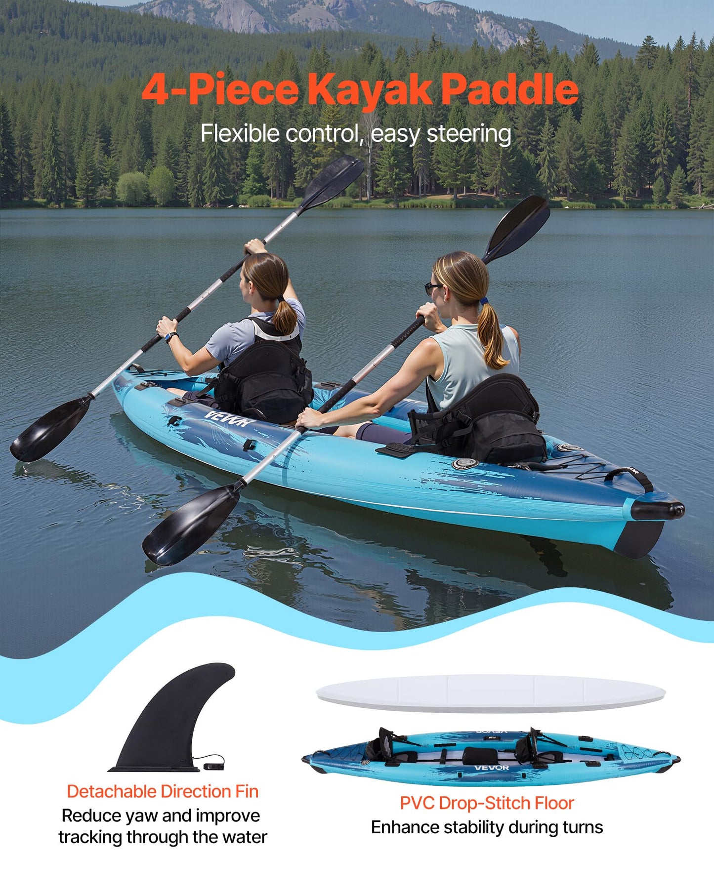 VEVOR 2-Person Inflatable Kayak, 14'4" x 3'7" – Extra Spacious for Family & Dogs, 700-lb Capacity Sit-in Kayak with Accessories, Includes 2 Paddles, Pump & Carry Bag – Perfect for Fishing and Touring