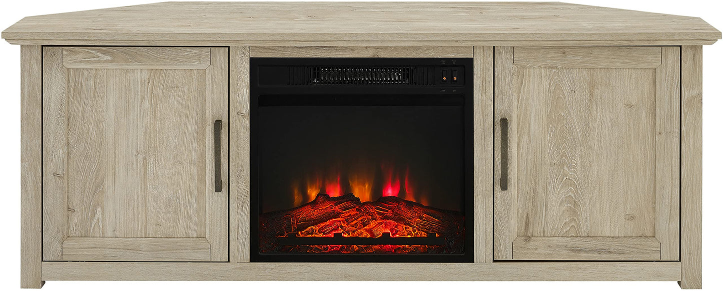 Crosley Furniture Camden Corner Fireplace TV Stand for 65+ inch TVs, Entertainment Center with Storage Shelves, Frosted Oak