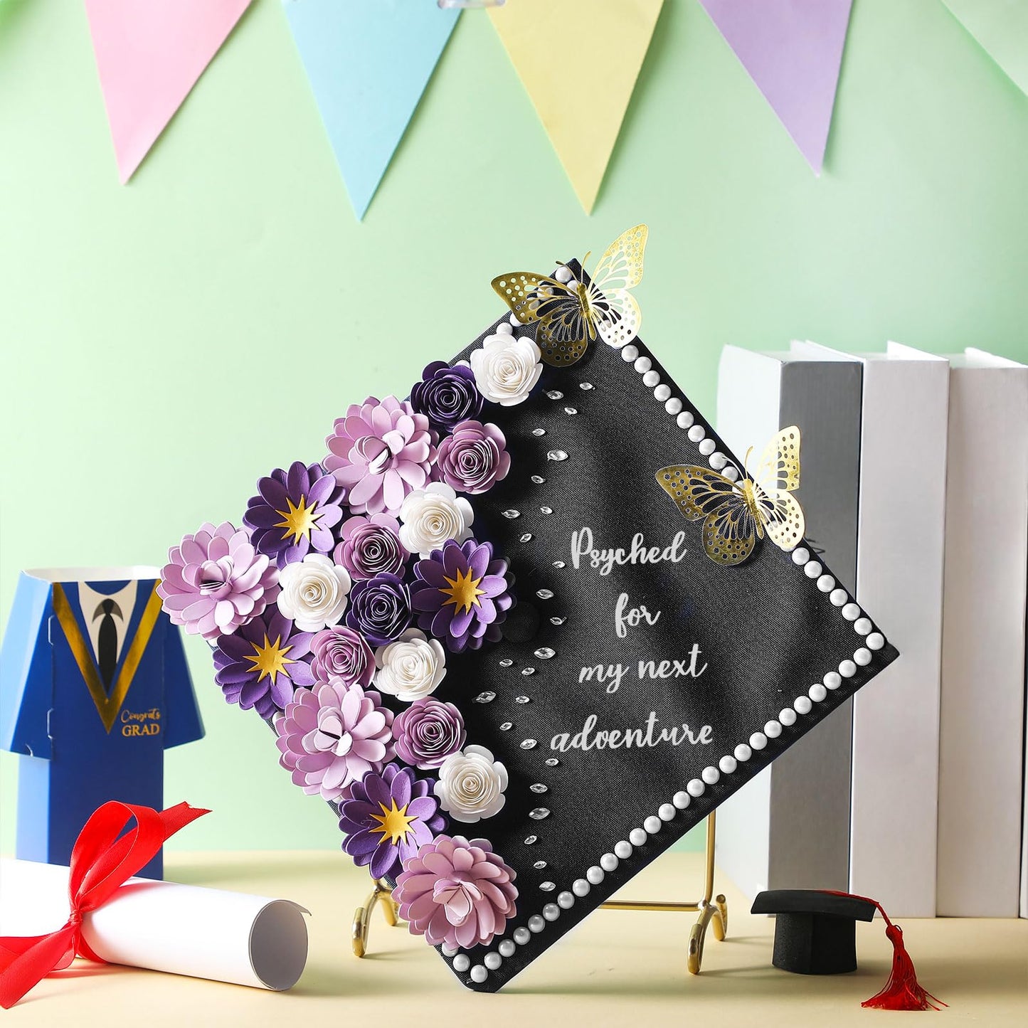 MotiMind 39 Pcs Graduation Cap Decorations Kit Including 25 Rose Heads Paper Flowers 12 3D Gold Butterfly Stickers 1 Self Adhesive Pearl 1 Rhinestones Stickers for DIY Graduation Cap(Purple)