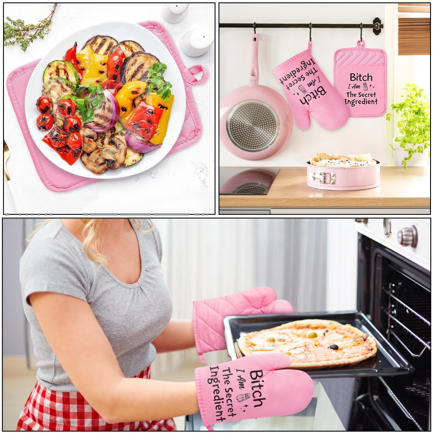 GROBRO7 6Pcs Funny Oven Mitts Pot Holders Baking Gift, I Am The Secret Ingredient Resistant Hot Pad Machine Washable Gloves with Hanging Pocket Potholder for Friend Women Gift for Love Kitchen Cooking