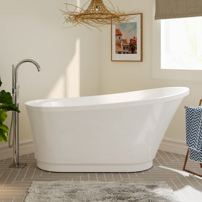 FerdY Langkawi 59" Acrylic Freestanding Bathtub, White Modern Stand Alone Soaking Bathtub, cUPC Certified, Brushed Nickel Drain and Minimalist Linear Design Overflow Included, Easy to Install