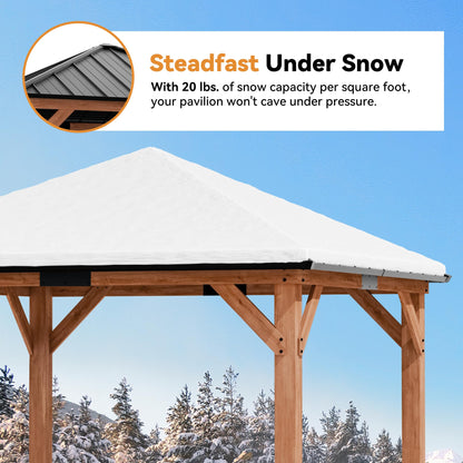 Modern Shade Tranquil Grove Wood Gazebo 10' x 10', Hardtop Gazebo Permanent with Galvanized Steel Roof, Cedar Outdoor Gazebo with Sturdy Hooks for Garden, Backyard, Patio and Deck