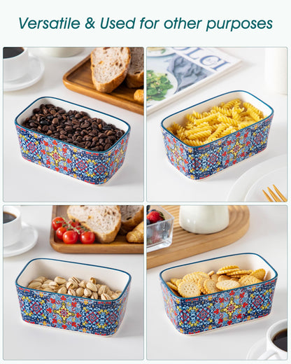 vancasso SIMI Butter Dish with Lid, 6.5" Large Butter Dish for Countertop, Bohemian Ceramic Butter Keeper Container with Knife and Bamboo Lid, Butter Holder for Counter, Twilight Bloom