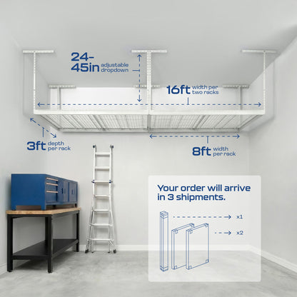 MonsterRax Overhead Garage Storage Racks 3x8’ (2-Pack) Ceiling Mounted Shelving, Adjustable Hanging Organizer, Heavy Duty Steel, Holds 500 Pounds, Color: White, Adjustable from 24"-45" off the Ceiling