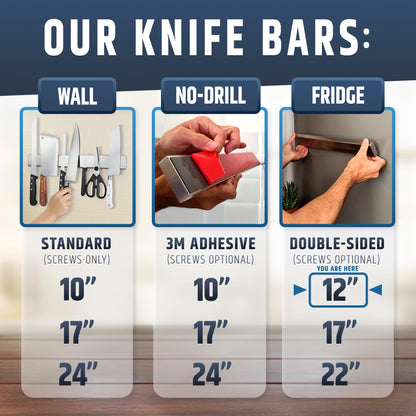 12" Premium Magnetic Knife Holder for Refrigerator (Double-Sided Heavy-Duty Magnets) - Upgraded Strip for Strong Fridge Mount - Clear Up Counter Space - 304 Anti-Rust Stainless Steel (Upgraded Design)