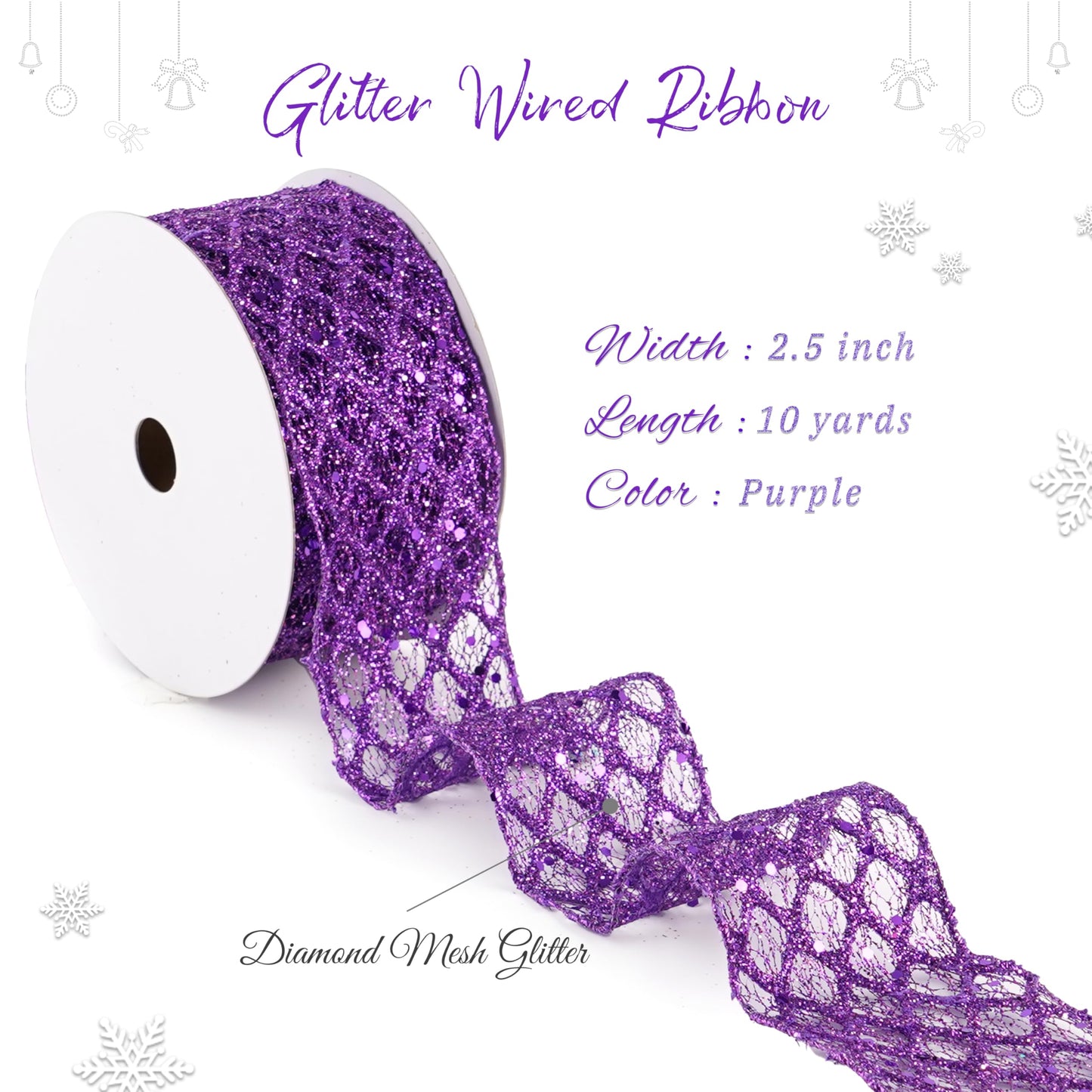 MAYREEL 2.5 Inch Purple Wired Ribbon Diamond Glitter Wire Ribbon for Halloween Christmas Decorations Gift Wrapping Wreath Supplies Tree Toppers 10 Yards