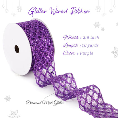 MAYREEL 2.5 Inch Purple Wired Ribbon Diamond Glitter Wire Ribbon for Halloween Christmas Decorations Gift Wrapping Wreath Supplies Tree Toppers 10 Yards