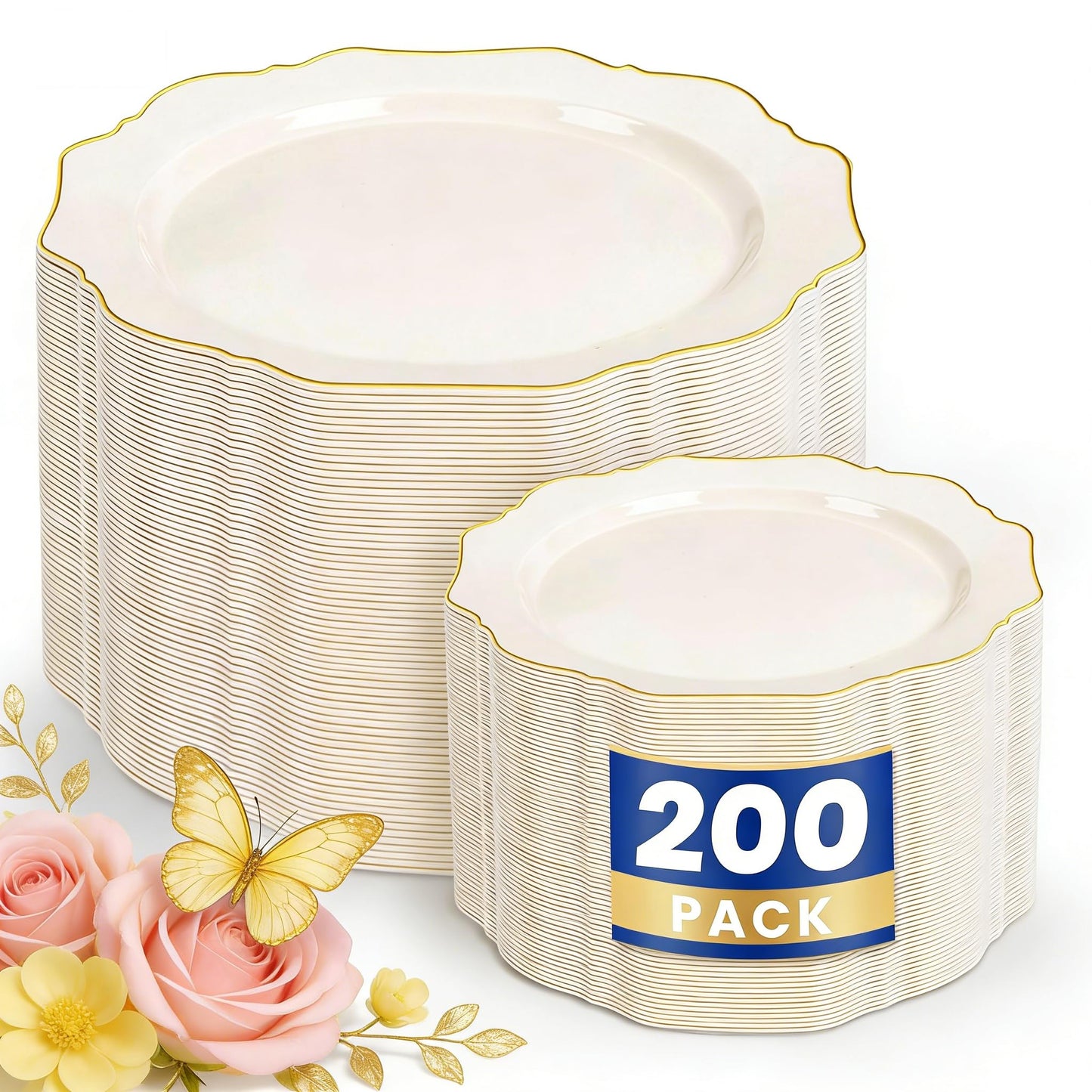 WDF 200PCS Ivory Plastic Plates with Gold Rim - Cream Plastic Plates - Include 100 Dinner & 100 Dessert Fancy Disposable Plate for Party - Heavy Duty Plate for Wedding/Baby Shower/Spring/Mother's Day