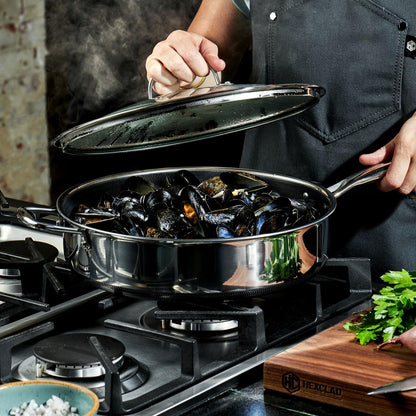 HexClad Hybrid Nonstick 5.5-Quart Deep Sauté Pan with Tempered Glass Lid, Stay-Cool Handle, Dishwasher-Friendly, Oven-Safe Up to 900°F, Induction Ready, Compatible with All Cooktops