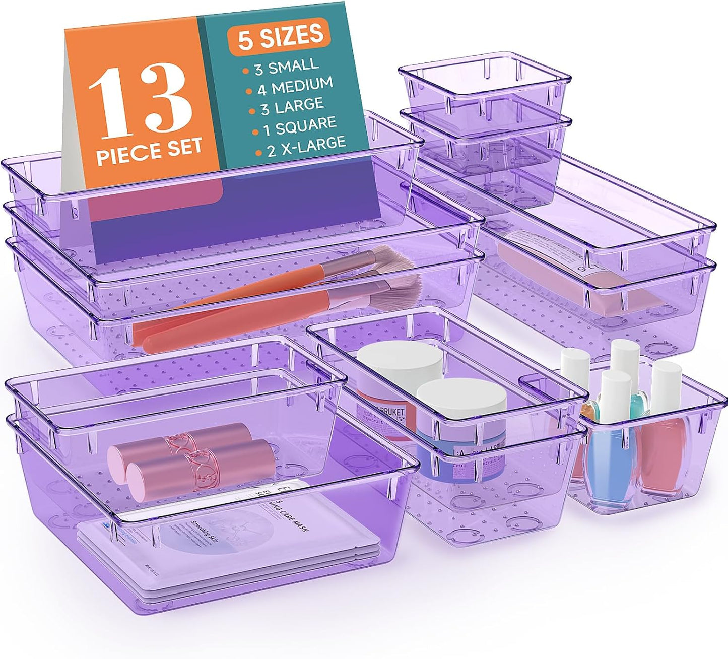 WOWBOX 13 PCS Plastic Drawer Organizer Set, Desk Divider Organizers for Makeup, Jewelry, Gadgets, Kitchen, Bedroom,